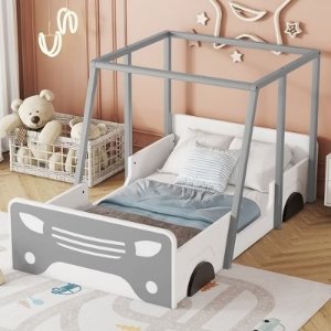 LOVMOR Bed with Storage Footboard and Guardrail for Kids